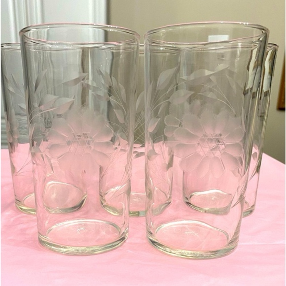 SET OF 5 EUC VTG FEDERAL GLASS FLAT TUMBLER GLASSES WITH CORNFLOWER ETCHING